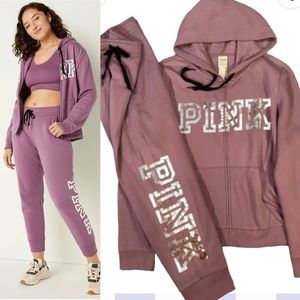 Victoria's Secret Pink Bling Full Zip Hoodie Jogger Set Mauve Ice X-Large NWT